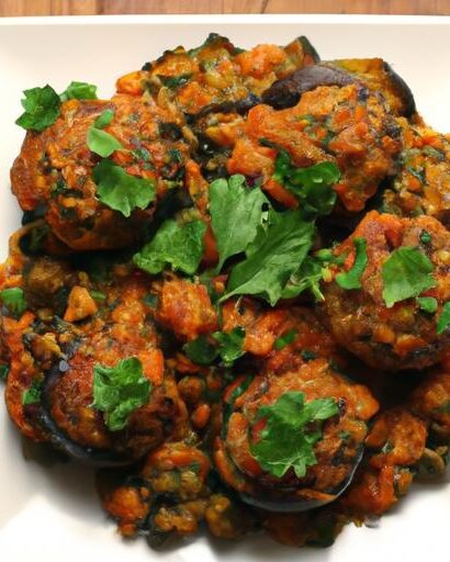 Hearty Eggplant & Lentil Meatballs Simmered in Marinara
